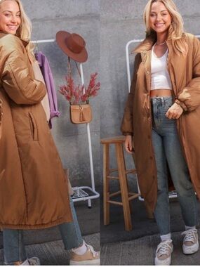 Long Puffer Coat in Warm Camel